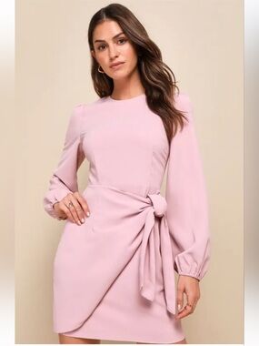 Lulus Believe It or Knot Rose Pink Long Sleeve Tie-Front Skater Dress - Small